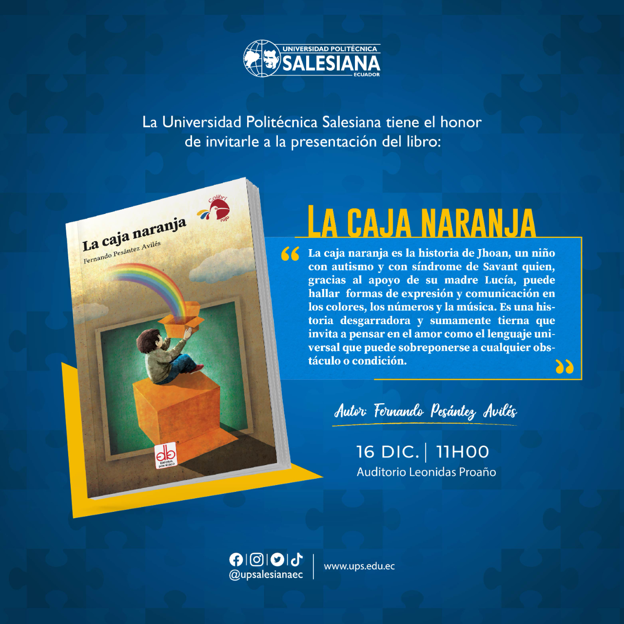 Imagen de invitación para el lanzamiento del libro "La Caja Naranja", contiene la imagen de la portada del libro, un breve prólogo y la fecha que se realizó el lanzamiento.